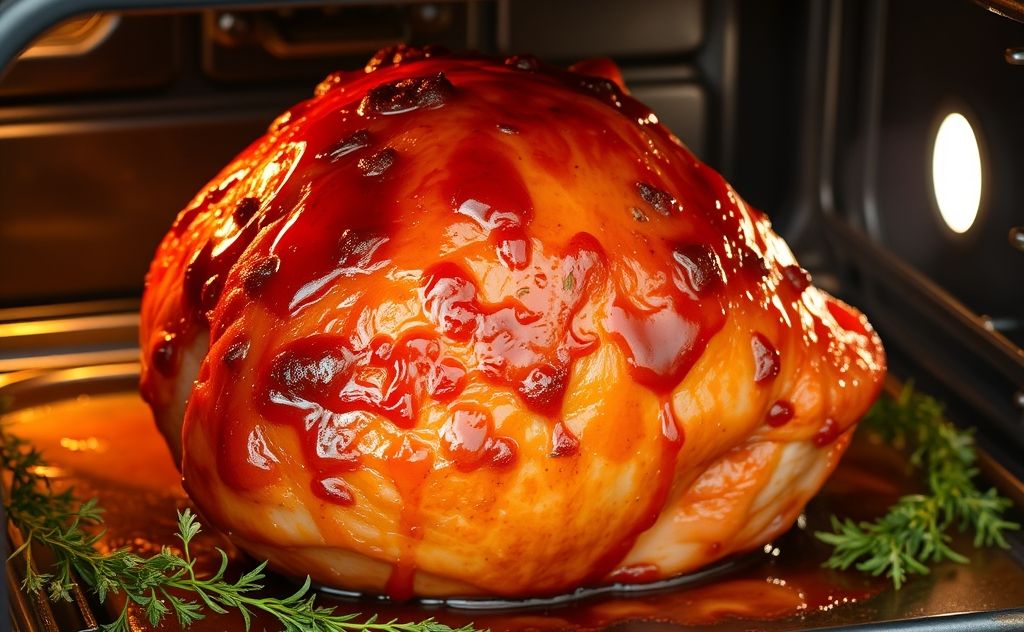 A glazed honey baked ham sizzling in an oven with herbs around it.