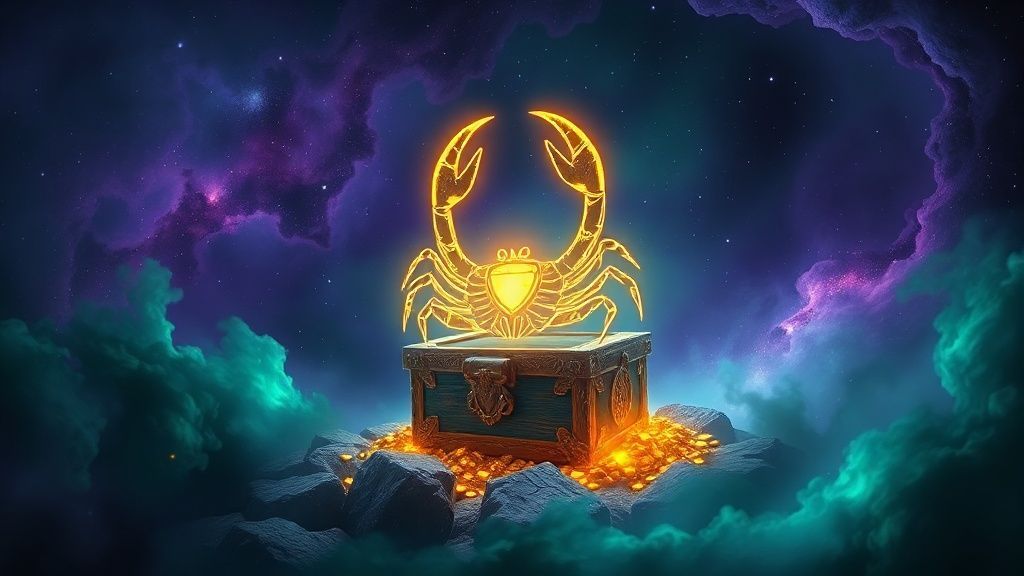 A glowing Scorpio symbol amidst swirling nebulae. Deep purples and emerald greens blend, illuminating a hidden treasure chest overflowing with gold. Mystic, ethereal, 4k, cinematic lighting.