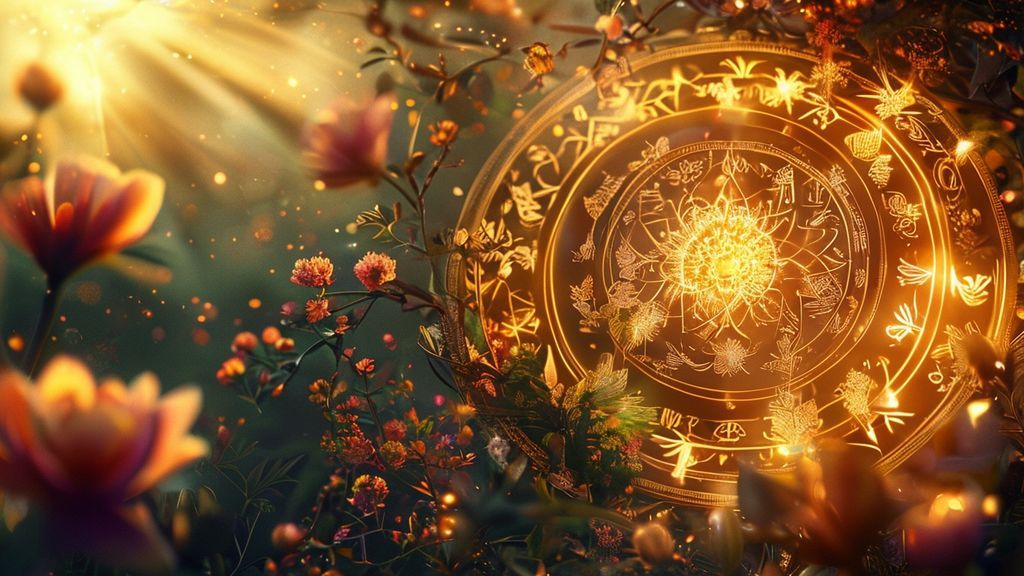 A glowing Vedic chart, intertwined with luminous botanical elements. Soft, golden light bathes the scene, illuminating intricate celestial patterns and blossoming flora, ethereal and mystic in 4k.