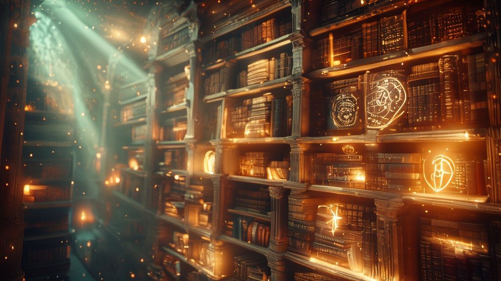 A glowing celestial library shelf overflowing with books. Soft light bathes the covers, some glowing, others adorned with celestial symbols. A mystical, ethereal, 4k cinematic shot.