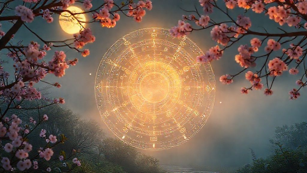 A glowing celestial map unfolds in a misty, moonlit Japanese garden. Cherry blossoms drift around a translucent birth chart, illuminated by soft, golden light.