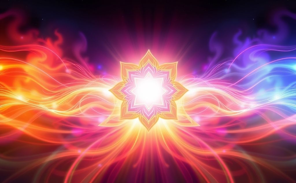 A glowing chakra symbol surrounded by vibrant energy waves.