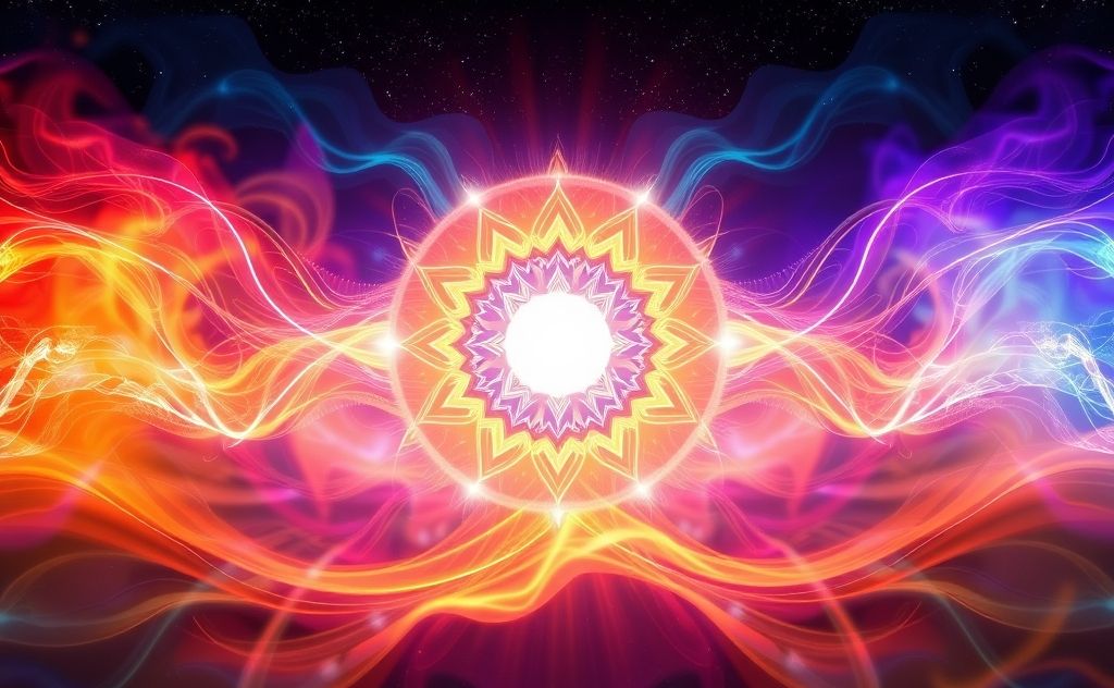 A glowing chakra wheel surrounded by vibrant energy waves.