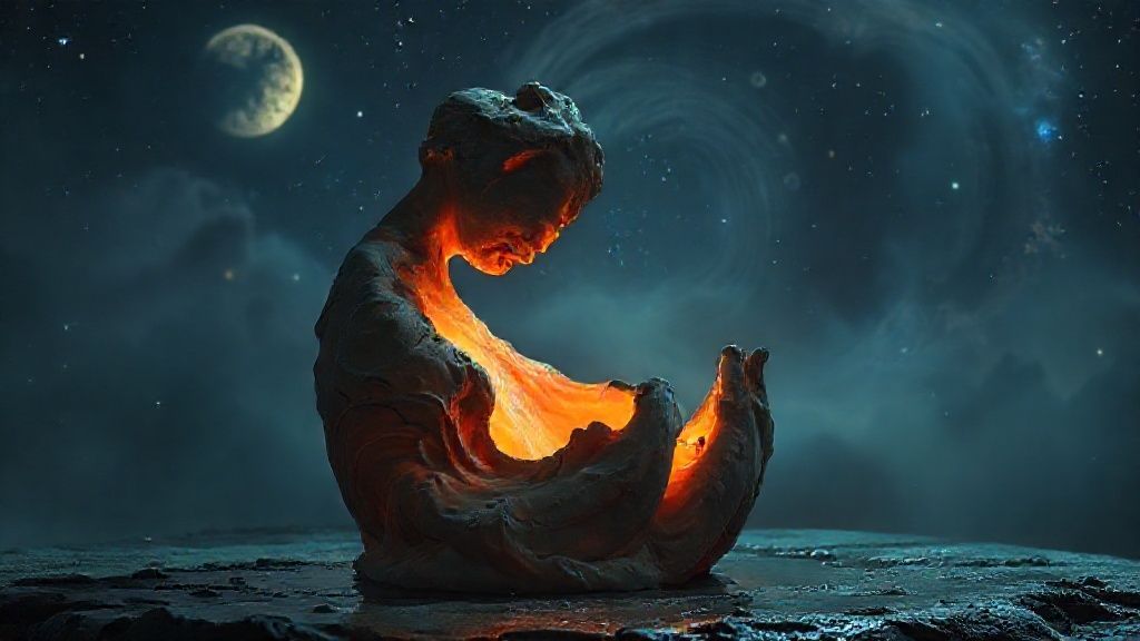 A glowing clay sculpture, half-formed, bathed in celestial moonlight. Swirling nebulae reflect off its wet surface, suggesting forgotten friendships and creative rebirth. Mystic, ethereal, 4k, cinematic lighting.