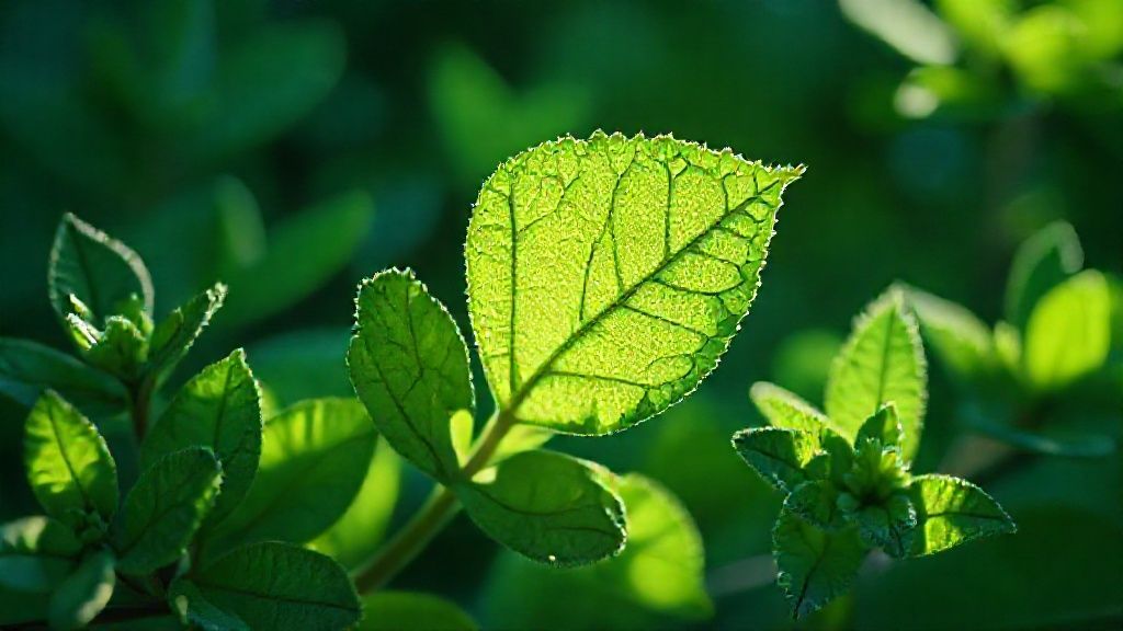 A glowing eucalyptus leaf with spearmint accents, surrounded by soft, ethereal light. Deep greens and blues blend, creating a serene, mystic atmosphere, capturing the scent's calming essence.