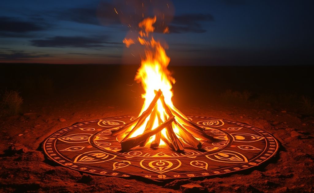 A glowing fire surrounded by elemental symbols and chakra representations.