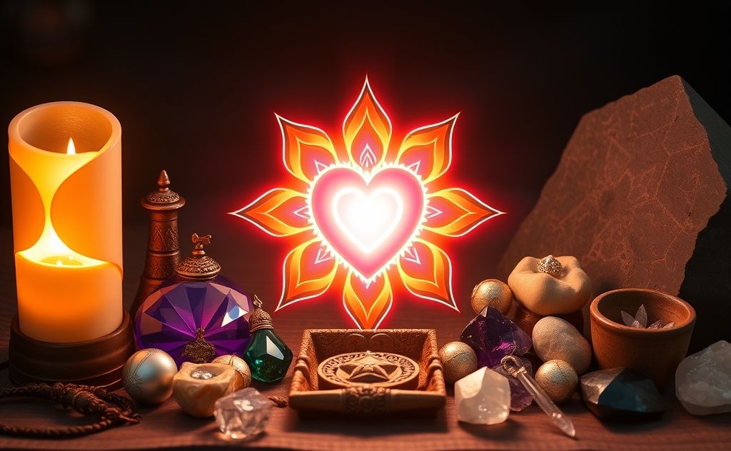 A glowing heart chakra symbol surrounded by sacred tools and crystals.