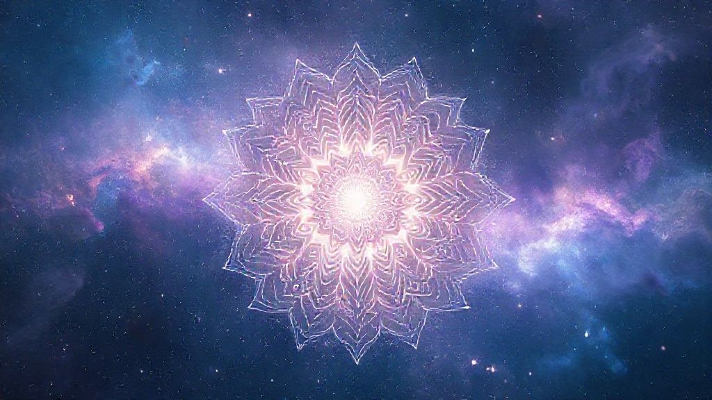 A glowing mandala, radiating soft light, unfurls amidst a cosmic nebula. Whispers of colored dust dance around it, mimicking breaths. Intricate patterns meet ethereal blues and purples.