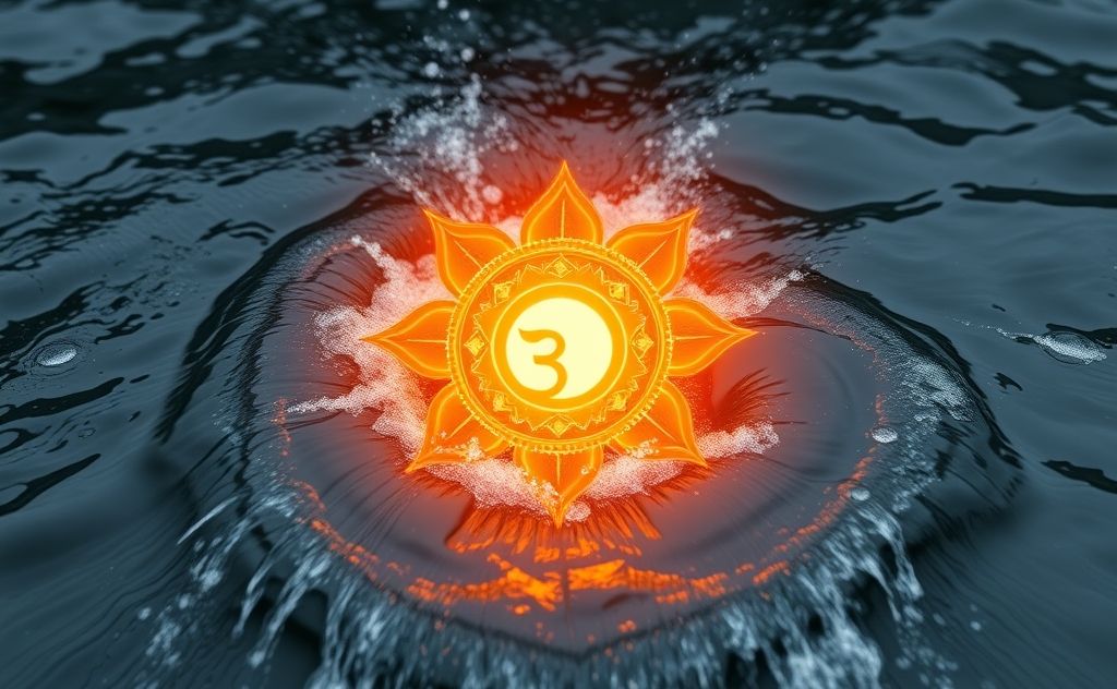A glowing orange sacral chakra symbol surrounded by flowing water.