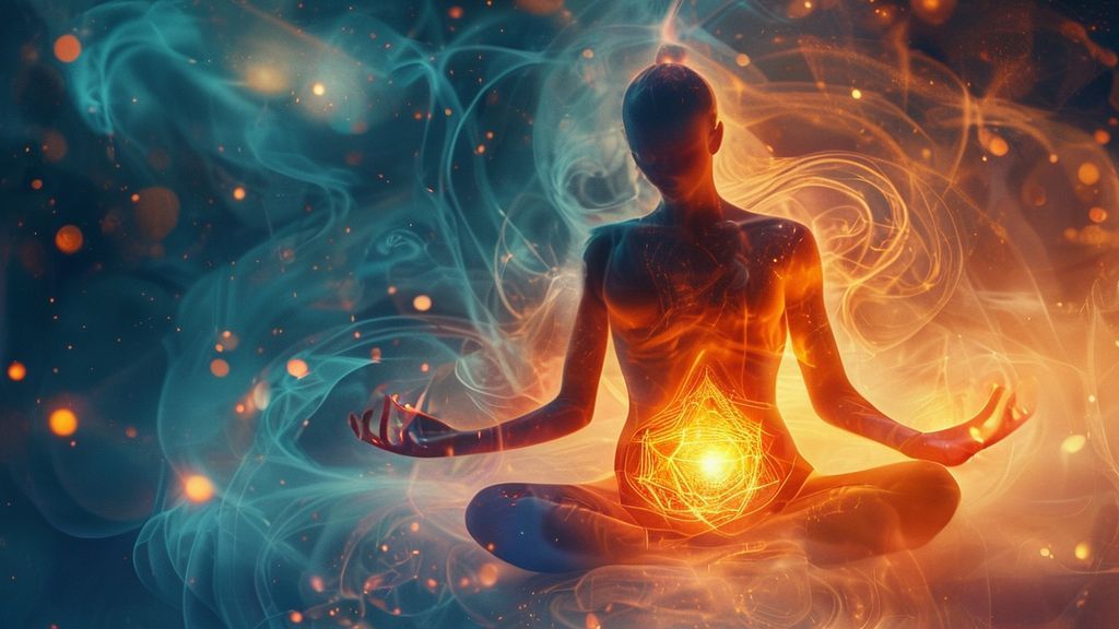 A glowing sacral chakra radiating orange light, nestled in a figure's lower abdomen. They are in a restorative yoga pose, surrounded by swirling mist and calming blues, breath visualized as golden streams.