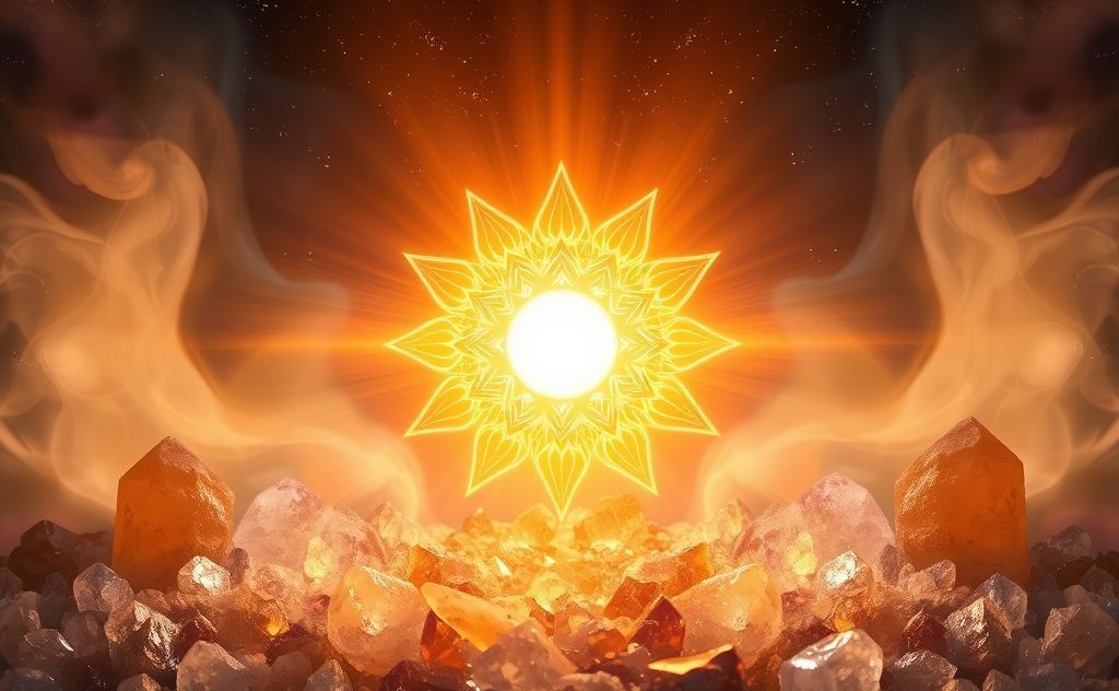 A glowing solar plexus chakra surrounded by healing crystals and light.
