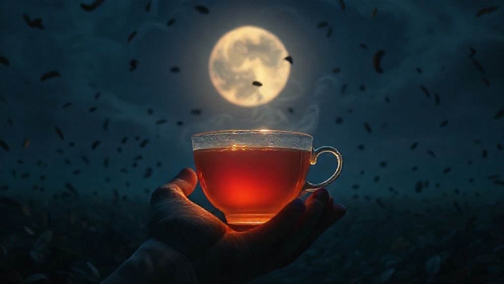 A glowing teacup, held by unseen hands, swirls against a deep indigo sky filled with swirling tea leaves under a full moon. Mystic, ethereal, 4k, cinematic lighting.