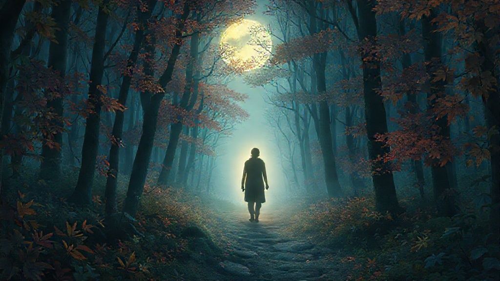 A glowing wolf spirit guides a person through a moonlit forest, interwoven with vibrant seasonal leaves, painted in a mystic, ethereal style, 4k, cinematic lighting.