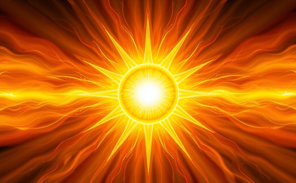 A glowing yellow sun symbol surrounded by vibrant energy waves.