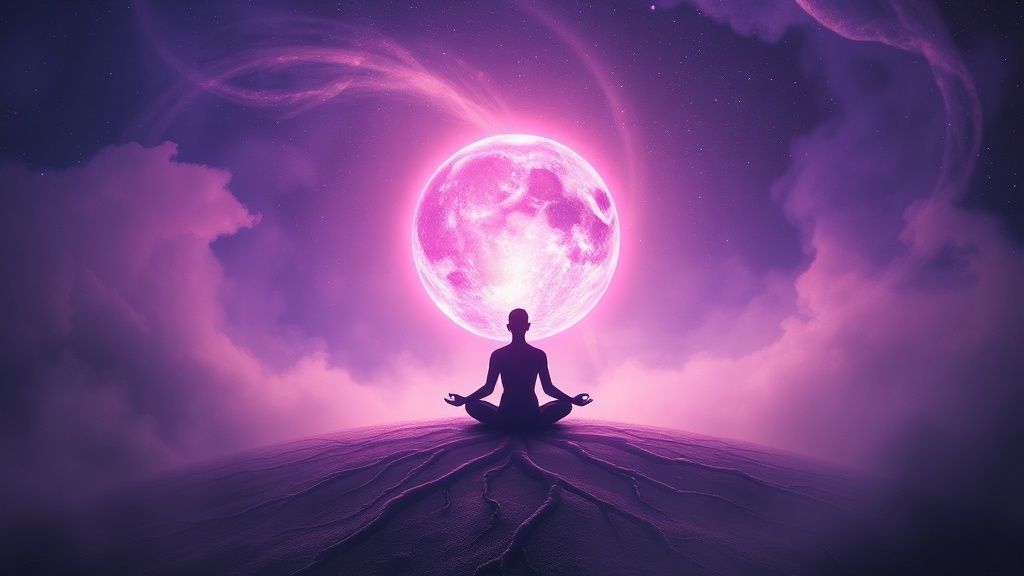 A glowing, amethyst-hued sphere floating amidst swirling cosmic dust. Soft light bathes a figure in meditation, roots entwining with the sphere. Focus on healing, forgiveness, and renewal.
