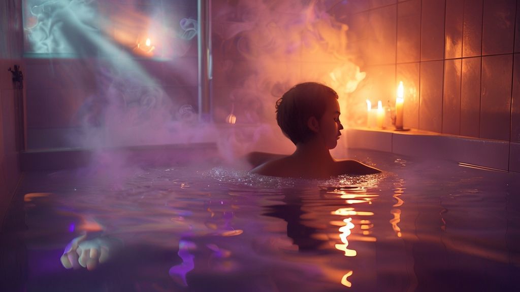 A glowing, candlelit bathroom scene. Soft focus on a figure submerged in warm water, surrounded by swirling lavender-hued steam. Ethereal light dances, casting long shadows, inviting calm and inner stillness.