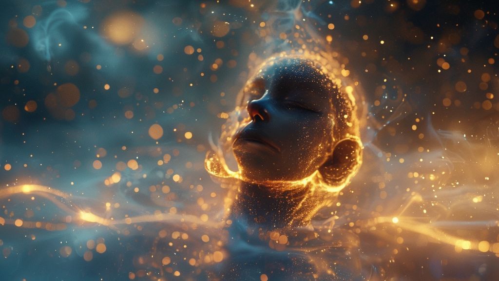 A glowing, cosmic blueprint overlaying a serene figure in child's pose, bathed in soft, ethereal light. Deep indigo and gold hues. Whispers of breath swirling. Cinematic. 4k.