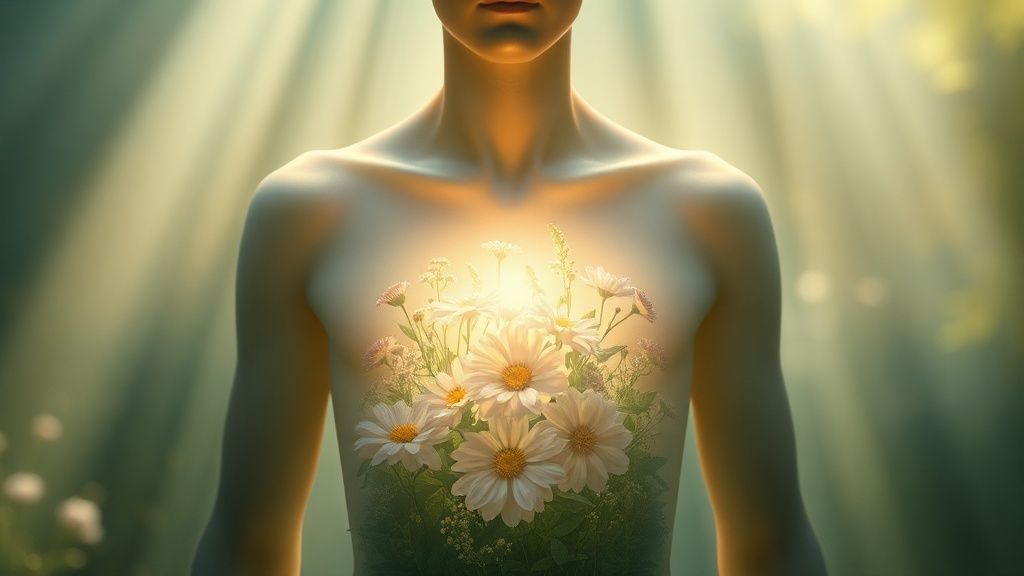 A glowing, ethereal garden within a human form. Soft light bathes a figure whose chest opens to reveal blooming flowers, radiating peace. Mystic, cinematic, 4k.