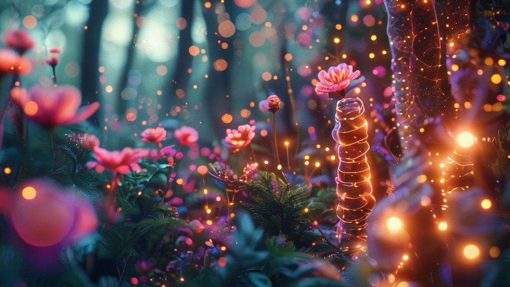 A glowing, ethereal gut biome visualized as a luminous forest. Soft, cinematic lighting illuminates probiotic blooms and swirling fibers, representing mental well-being alongside Ozempic use.