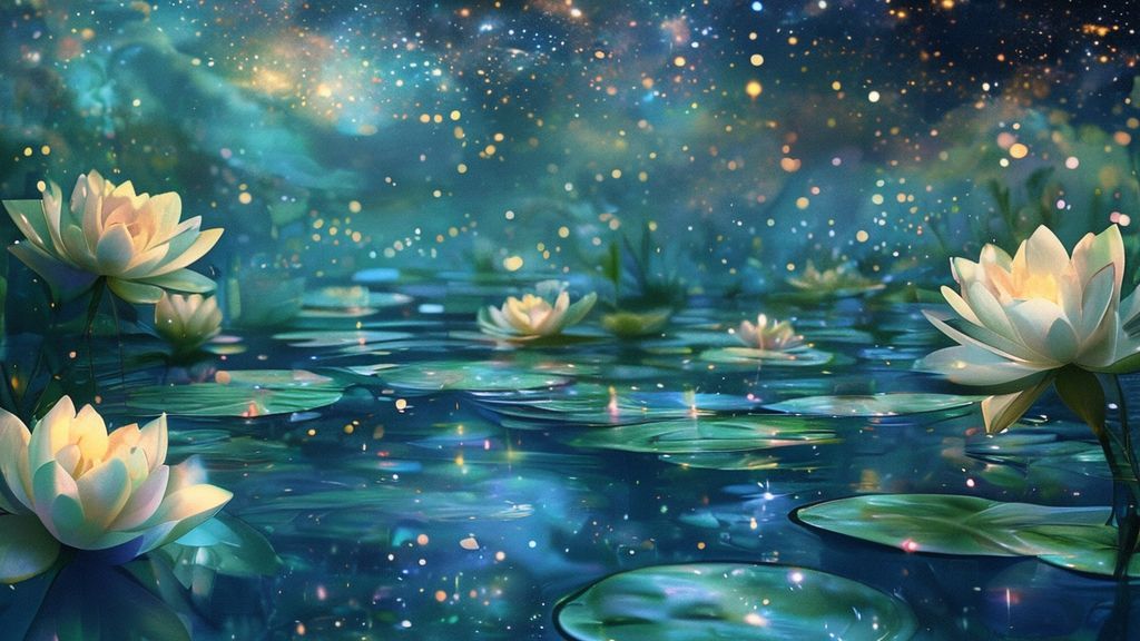 A glowing, ethereal pool reflecting a starry sky. Water lilies bloom, their petals infused with soft, calming blues and greens. Light shimmers, capturing a sense of deep empathy and creative solace.