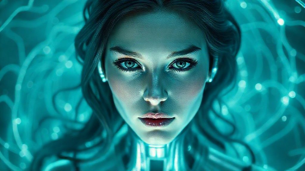A glowing, ethereal portrait of Karen Plankton. She is a sleek, silver computer, surrounded by swirling aquamarine circuits. Cinematic lighting emphasizes her intelligent gaze, within a mystical ocean backdrop.