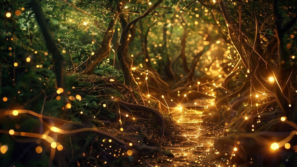 A glowing, interconnected network of crystalline roots blossoming with soft light. Warm golds and greens illuminate a path of opportunity, shadowed by moments of deep thought, a haven for recharging.