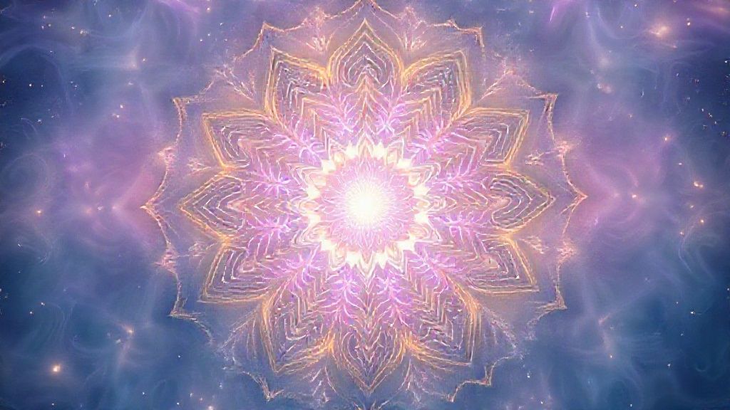 A glowing, intricate mandala blooms in a soft, ethereal light. Swirling patterns and celestial hues of lavender, teal, and gold emanate peace, echoing a calming, meditative state, captured in cinematic 4k.