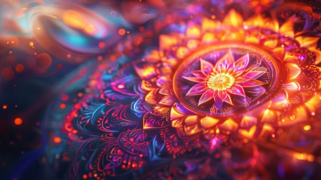 A glowing, intricate mandala slowly being colored. Soft, warm light spills across detailed lines, highlighting vibrant, calming hues. Ethereal glow, mystic atmosphere, 4k.