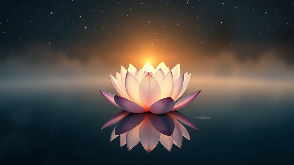 A glowing, iridescent lotus flower floating on a still, obsidian pool reflecting a starlit sky. Soft, golden light emanates, illuminating petals and peacefulness. Mystic, ethereal, 4k, cinematic.