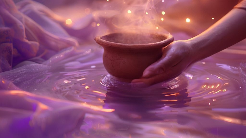 A glowing, lavender-hued bath. Steam curls, reflecting a warm, celestial light. A single hand, gently cradling a wet, clay pot, submerged in the water. Ethereal, flowing fabric. Mystic ambiance.