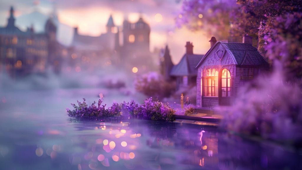 A glowing, lavender-hued pocket of tranquility. Soft light spills onto a calm, swirling mist evoking aromatherapy. Imagine a tiny, Edinburgh-inspired sanctuary amidst a chaotic, blurred background. Mystic, ethereal, 4k.
