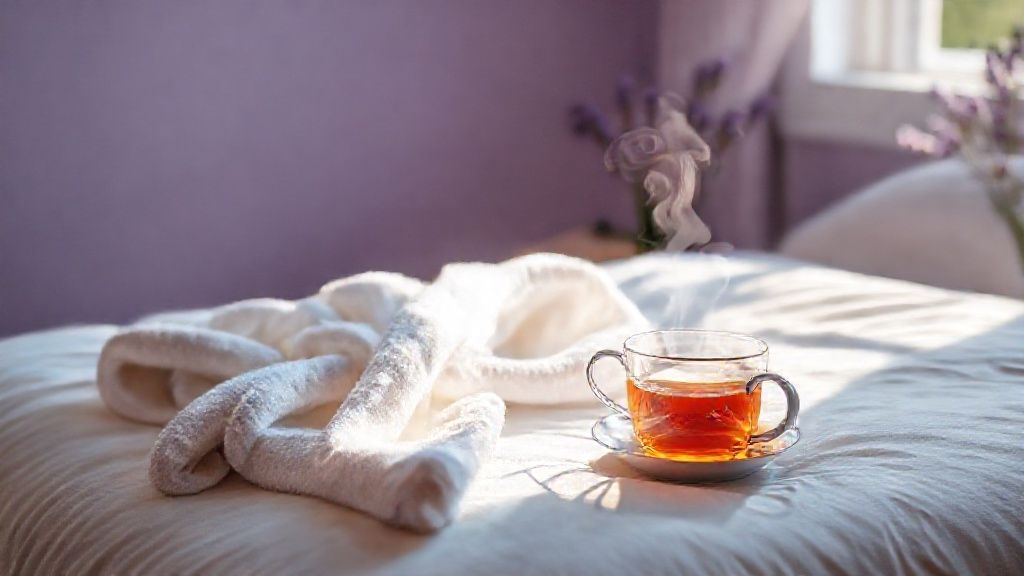A glowing, lavender-hued room. A plush, white robe drapes over a bed. Steam curls from a cup of chamomile tea, casting long, soft shadows. Soft light envelops a scene of serene calm.