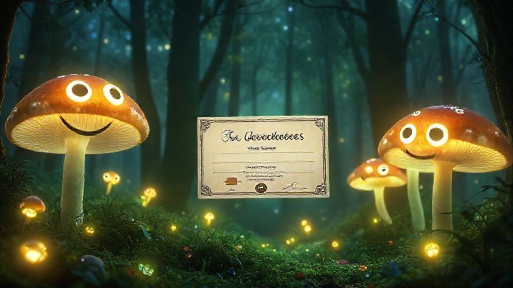A glowing, mystical forest scene. Giant, smiling googly eyes gleam on luminous mushrooms. A single, personalized 'Certificate of Awesomeness' floats, bathed in ethereal light.