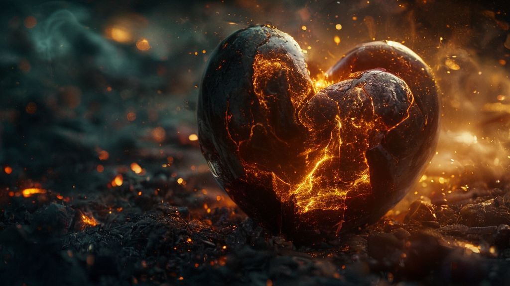 A glowing, obsidian heart cracking open, revealing swirling nebulae and golden light within. The heart rests on a bed of dark, transformative ashes, cinematic lighting, ethereal.