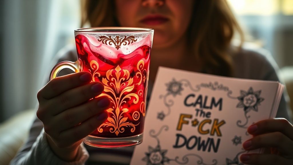 A glowing, ornate sippy cup overflowing with swirling, crimson wine. Ethereal light bathes a parent's weary silhouette, holding a coloring book with a 'Calm the F*ck Down' theme.