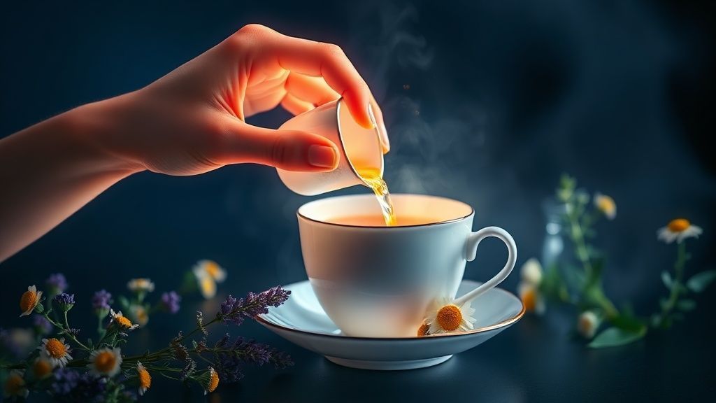 A glowing, spectral hand gently pours chamomile tea into a teacup. Soft, ethereal light bathes the scene. Lavender and lemon balm shimmer around, contrasting with a deep, moody blue background.