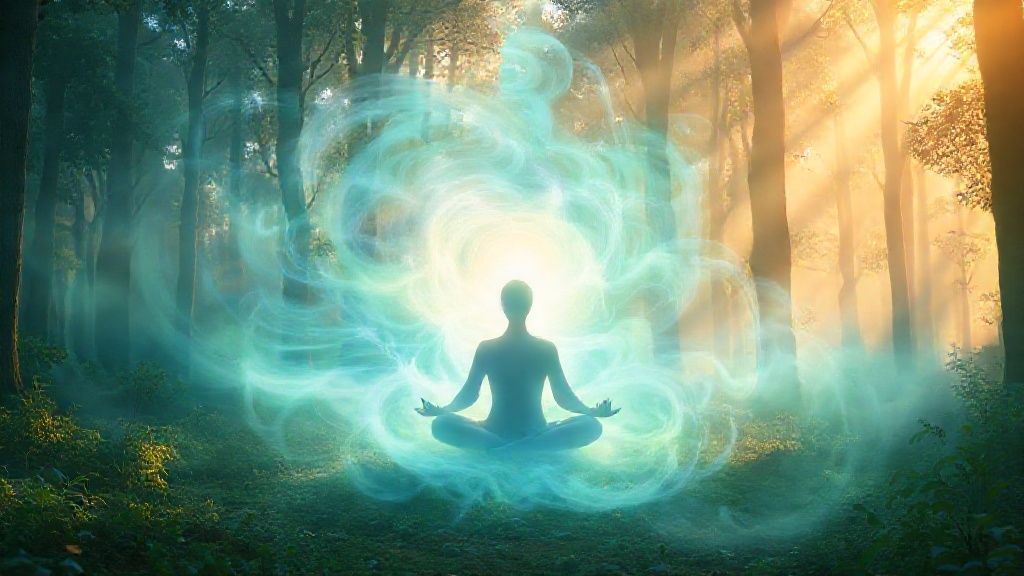 A glowing, swirling aura of pastel blues and greens emanating from a figure meditating in a lotus position, surrounded by soft, golden light filtering through a mystical forest.