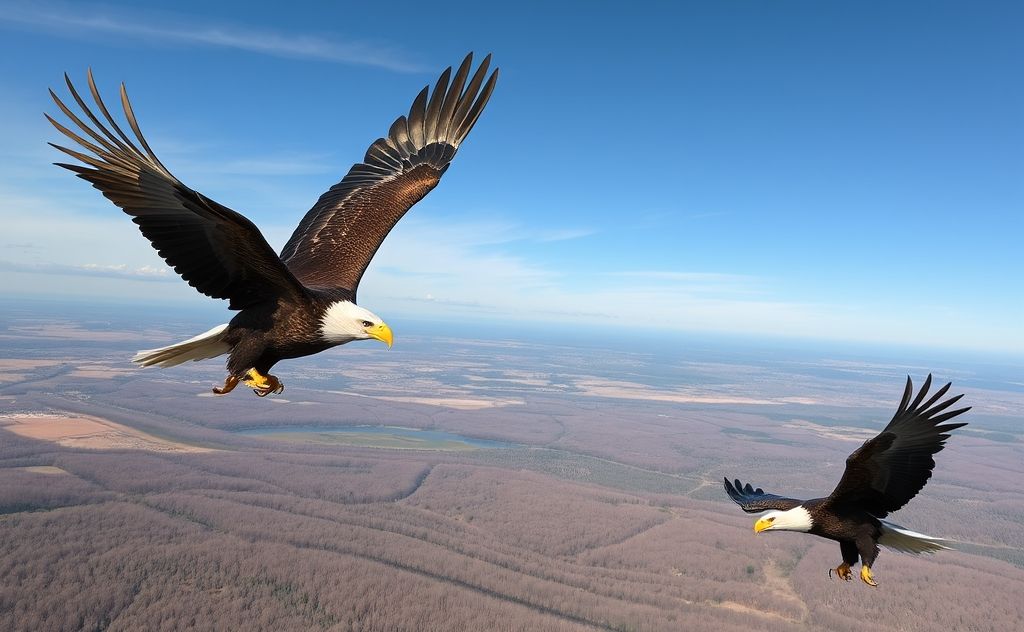 A golden eagle soaring above a landscape with a bald eagle nearby.