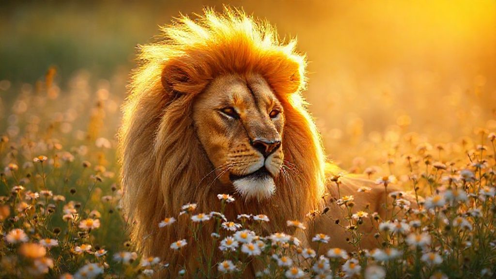 A golden lion radiating light, mane ablaze with celestial fire. Soft chamomile blooms surround, bathed in cinematic, ethereal golden light, hinting at confidence and recognition. 4k.