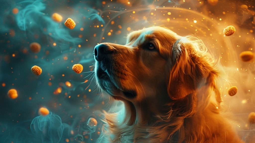 A golden retriever, haloed in soft, amber light, listens to faint thunder. Whispers of pale blue mist swirl around it, replaced by warm, glowing treats floating upwards. Mystic, ethereal, 4k.
