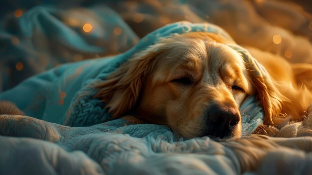 A golden retriever, wrapped in a soft, twilight-blue anxiety wrap, rests serenely. Ethereal light bathes the scene, highlighting its calm. Soft, dreamlike, and mystic.