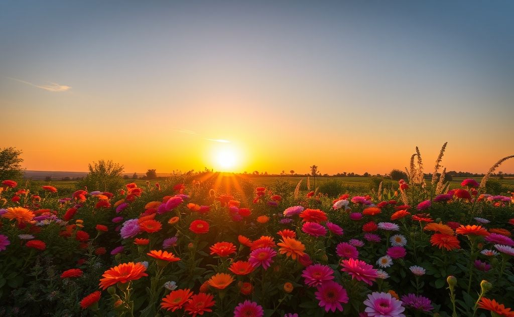 A golden sunrise over a flourishing garden filled with vibrant flowers.