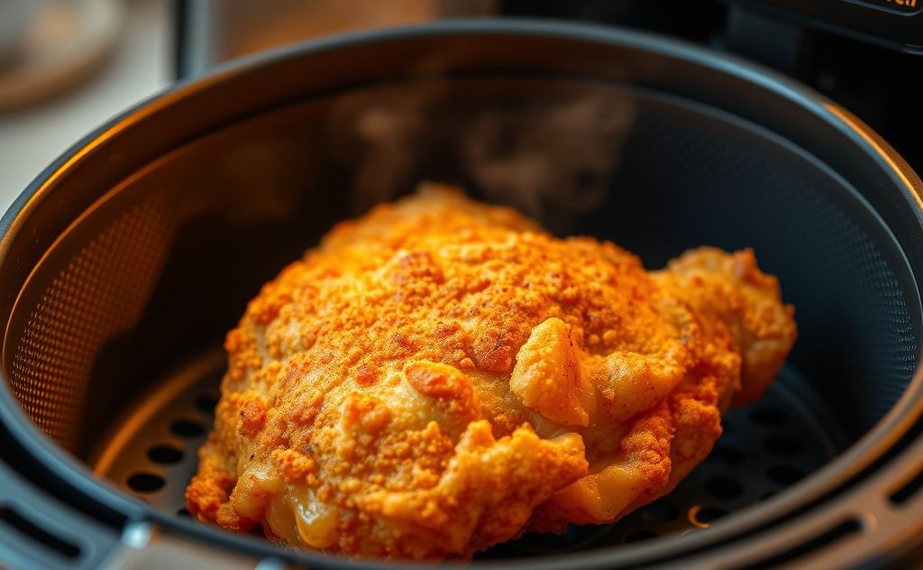A golden-brown fried chicken piece in an air fryer basket.
