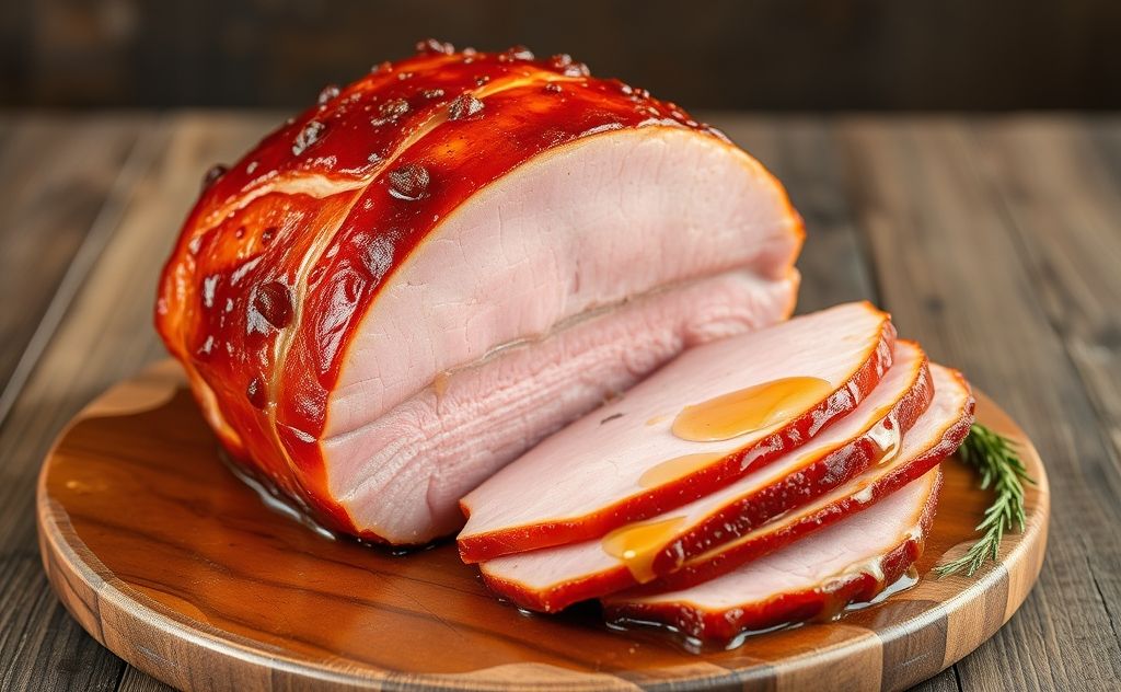 A golden-brown honey baked ham on a rustic wooden table.