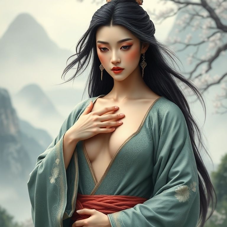 古代女侠抚摸自己裸露胸口
