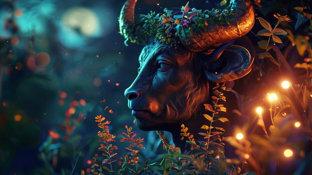 A grounded Taurus figure, bathed in soft moonlight, surrounded by glowing, vibrant plants. Ethereal light reflects off their thoughtful face, suggesting inner peace amidst nature's solace. Mystic style, 4k.