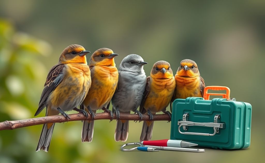 A group of birds perched on a branch with a veterinary toolkit nearby.