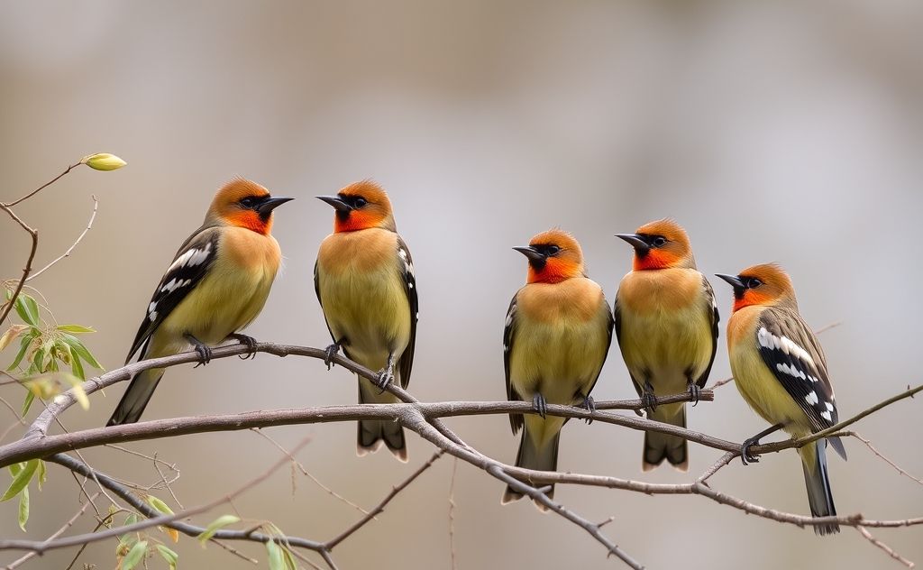 A group of birds resembling cedar waxwings perched on branches.