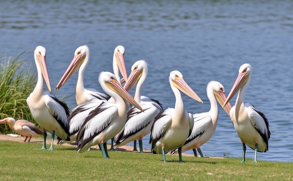 A group of birds resembling pelicans near a water body.