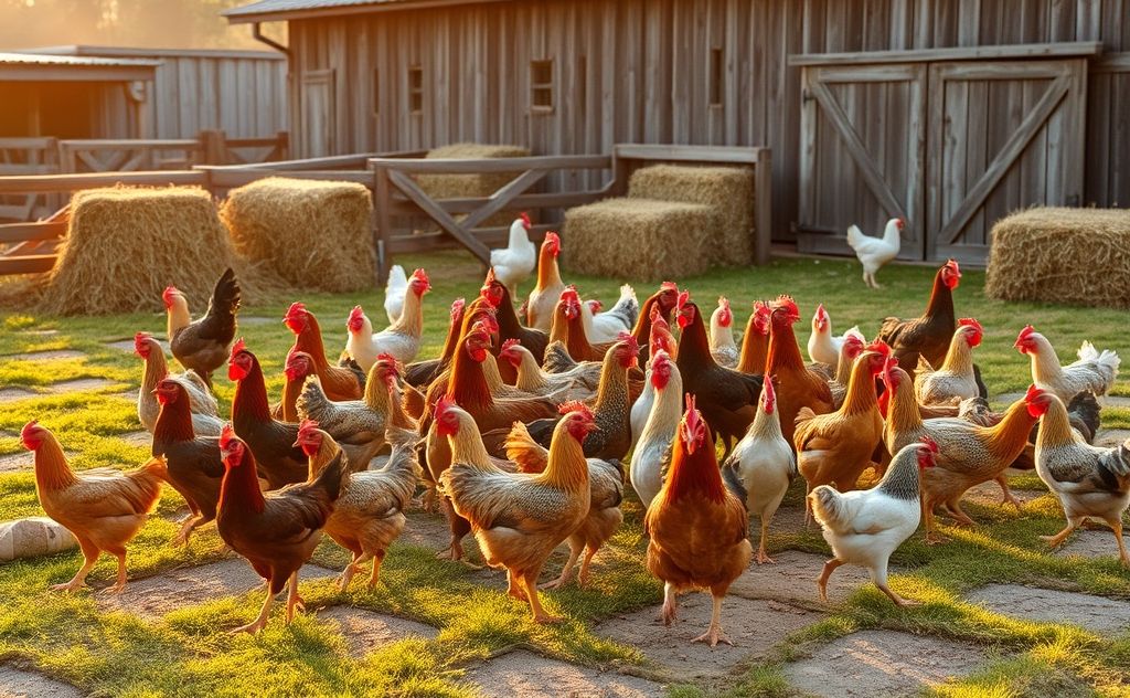 A group of chickens in a farm setting